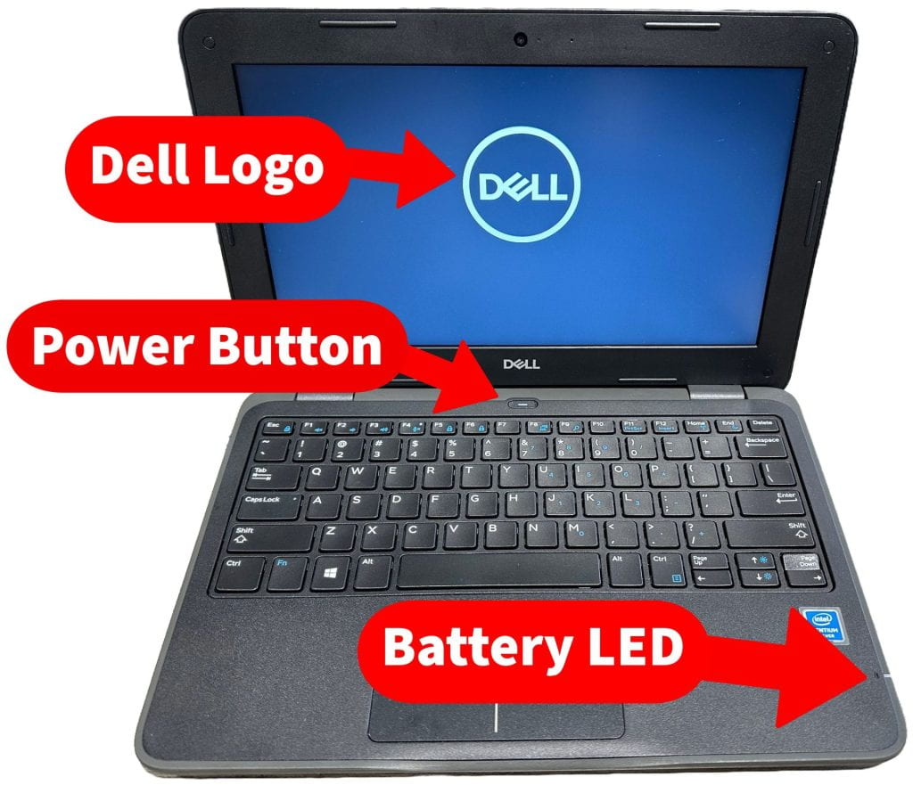 Location of power button, battery LED, and Dell logo