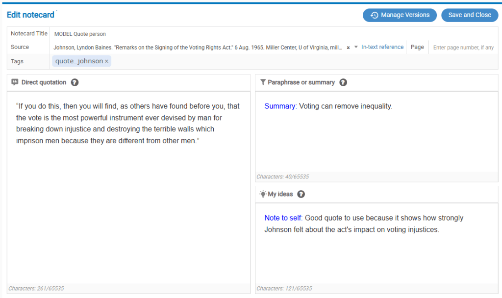 Screen shot of NoodleTools note card