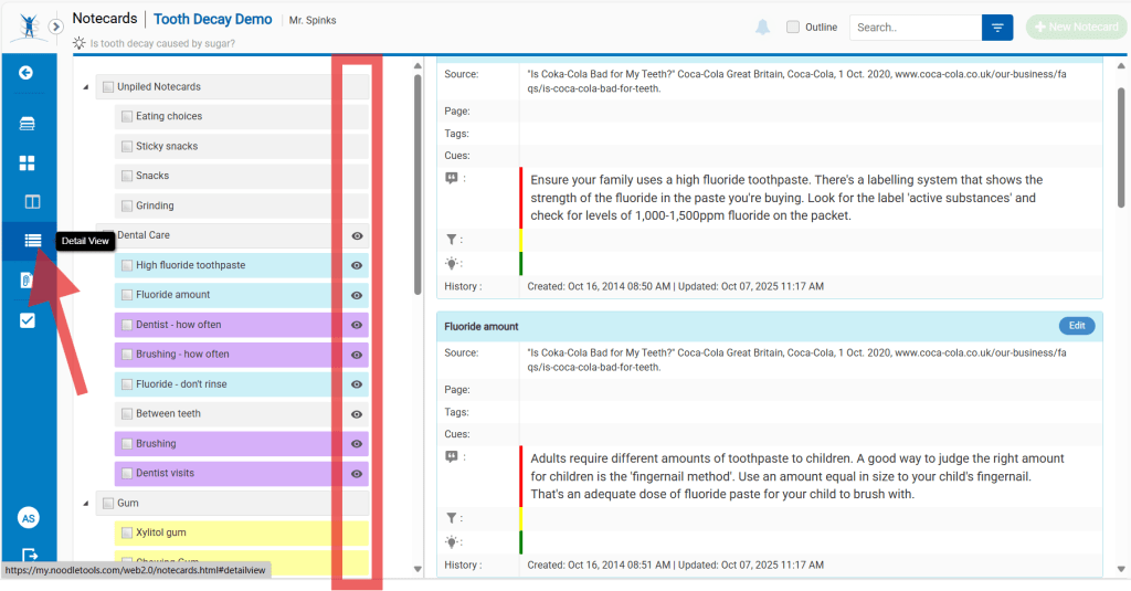 Screenshot of notecard Detail View