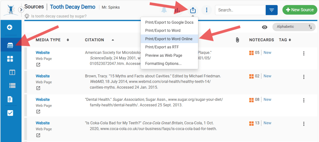 Screenshot of sources page print/export menu