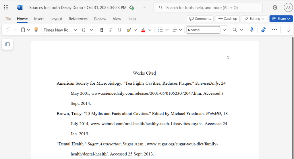 Screenshot of works cited page