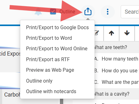 screenshot showing print/export icon and menu