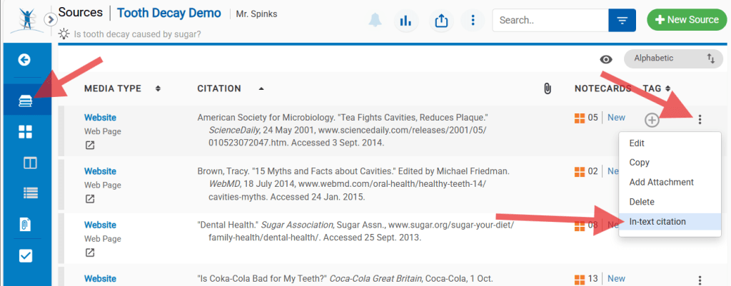 screenshot of steps to open in-text citation info