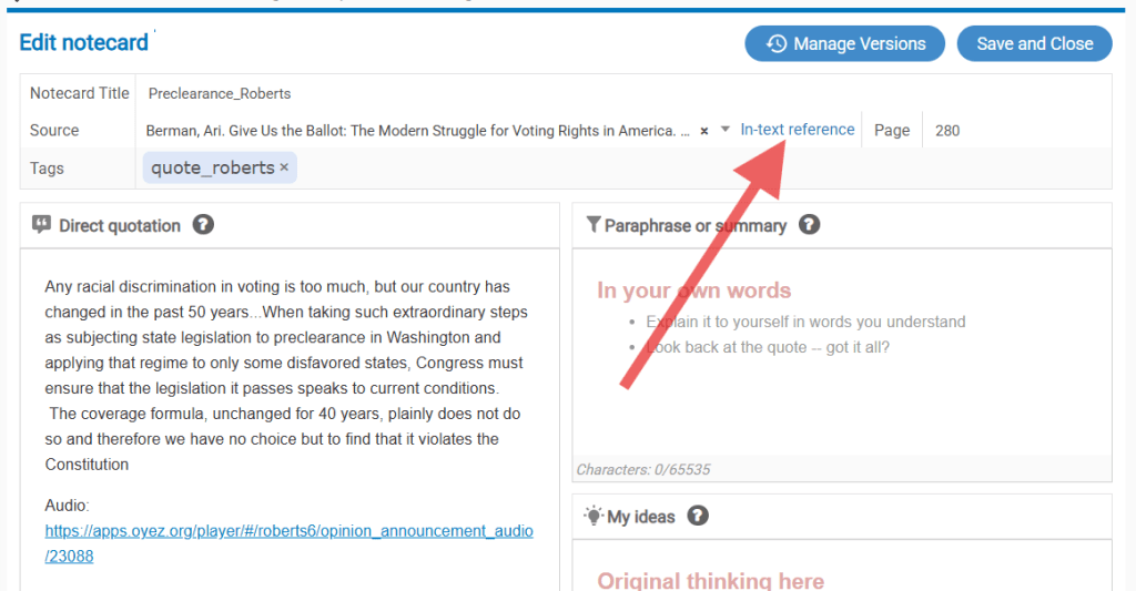 Screenshot of In-text reference link in notecard edit screen