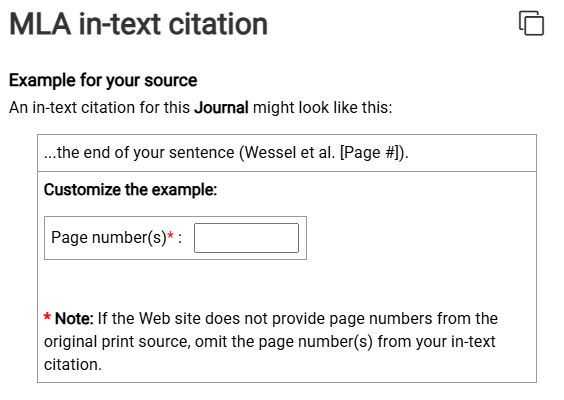 Screenshot of recommended MLA in-text citation